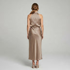 Karen | Draped Midi Dress with Wrap-Style Bodice and High Neckline, Sleeveless Evening Dress | Everlasting Boutique