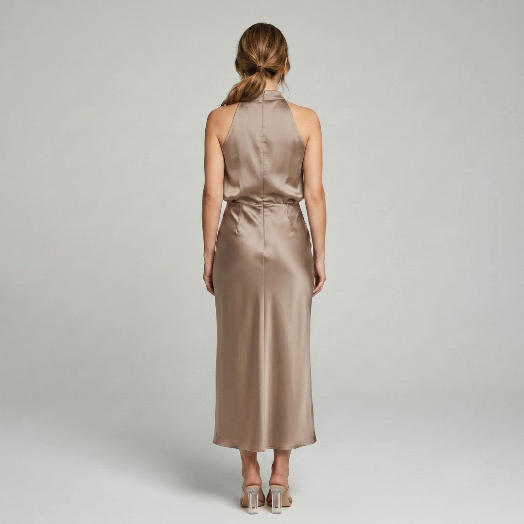 Karen | Draped Midi Dress with Wrap-Style Bodice and High Neckline, Sleeveless Evening Dress | Everlasting Boutique