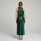 Karen | Draped Midi Dress with Wrap-Style Bodice and High Neckline, Sleeveless Evening Dress | Everlasting Boutique