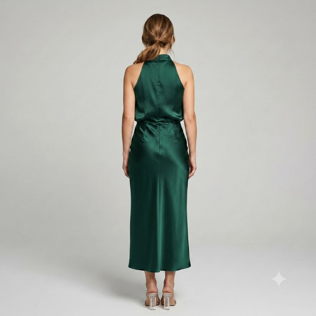 Karen | Draped Midi Dress with Wrap-Style Bodice and High Neckline, Sleeveless Evening Dress | Everlasting Boutique