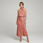 Karen | Draped Midi Dress with Wrap-Style Bodice and High Neckline, Sleeveless Evening Dress | Everlasting Boutique