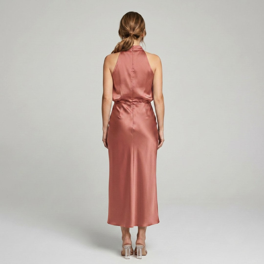Karen | Draped Midi Dress with Wrap-Style Bodice and High Neckline, Sleeveless Evening Dress | Everlasting Boutique
