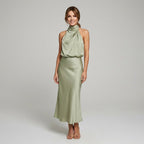 Karen | Draped Midi Dress with Wrap-Style Bodice and High Neckline, Sleeveless Evening Dress | Everlasting Boutique