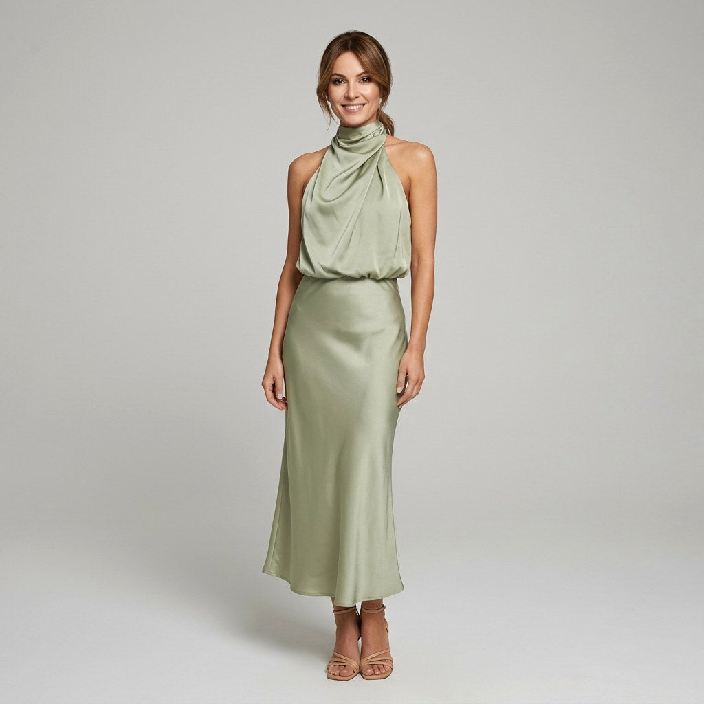 Karen | Draped Midi Dress with Wrap-Style Bodice and High Neckline, Sleeveless Evening Dress | Everlasting Boutique