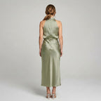 Karen | Draped Midi Dress with Wrap-Style Bodice and High Neckline, Sleeveless Evening Dress | Everlasting Boutique