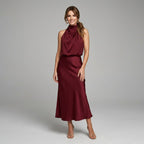 Karen | Draped Midi Dress with Wrap-Style Bodice and High Neckline, Sleeveless Evening Dress | Everlasting Boutique