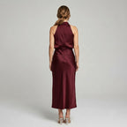 Karen | Draped Midi Dress with Wrap-Style Bodice and High Neckline, Sleeveless Evening Dress | Everlasting Boutique