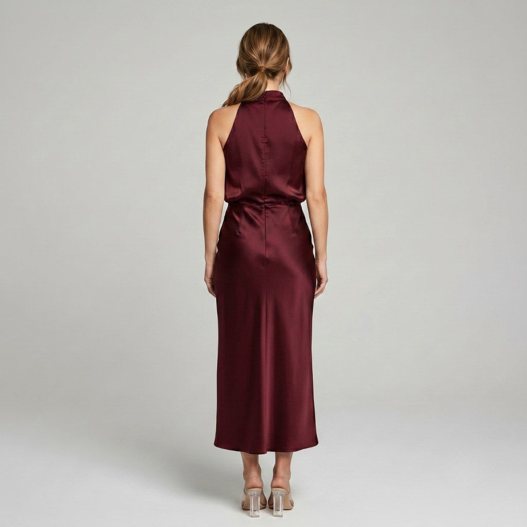 Karen | Draped Midi Dress with Wrap-Style Bodice and High Neckline, Sleeveless Evening Dress | Everlasting Boutique