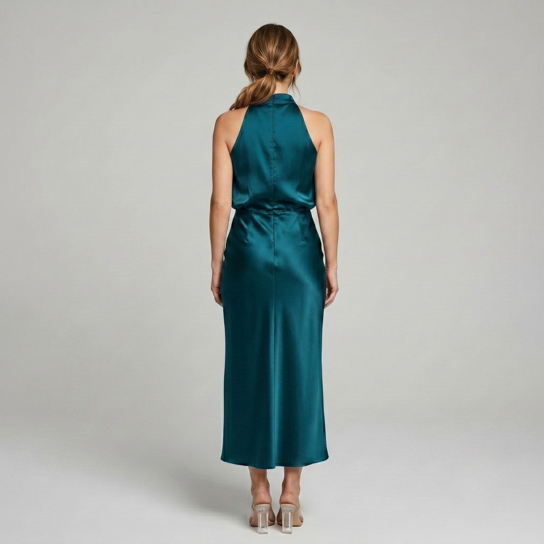 Karen | Draped Midi Dress with Wrap-Style Bodice and High Neckline, Sleeveless Evening Dress | Everlasting Boutique