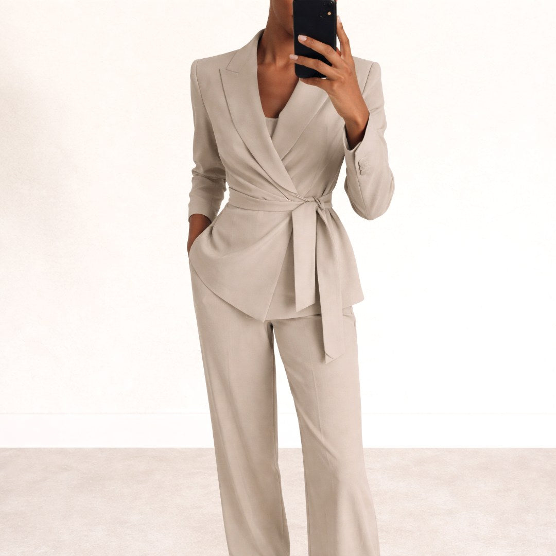 Katarzyna | Women's Tie-Waist Blazer with Wide-Leg Trousers, Two-Piece Suit | Everlasting Boutique