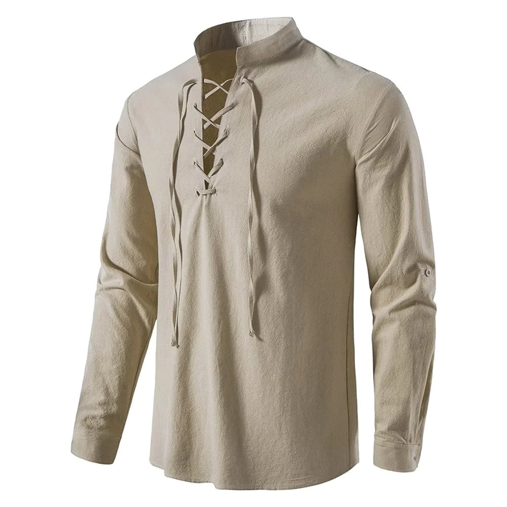 Conrad | Men's Linen Shirt with Neck-Tie Detail, Boho Linen Shirt | Everlasting Boutique