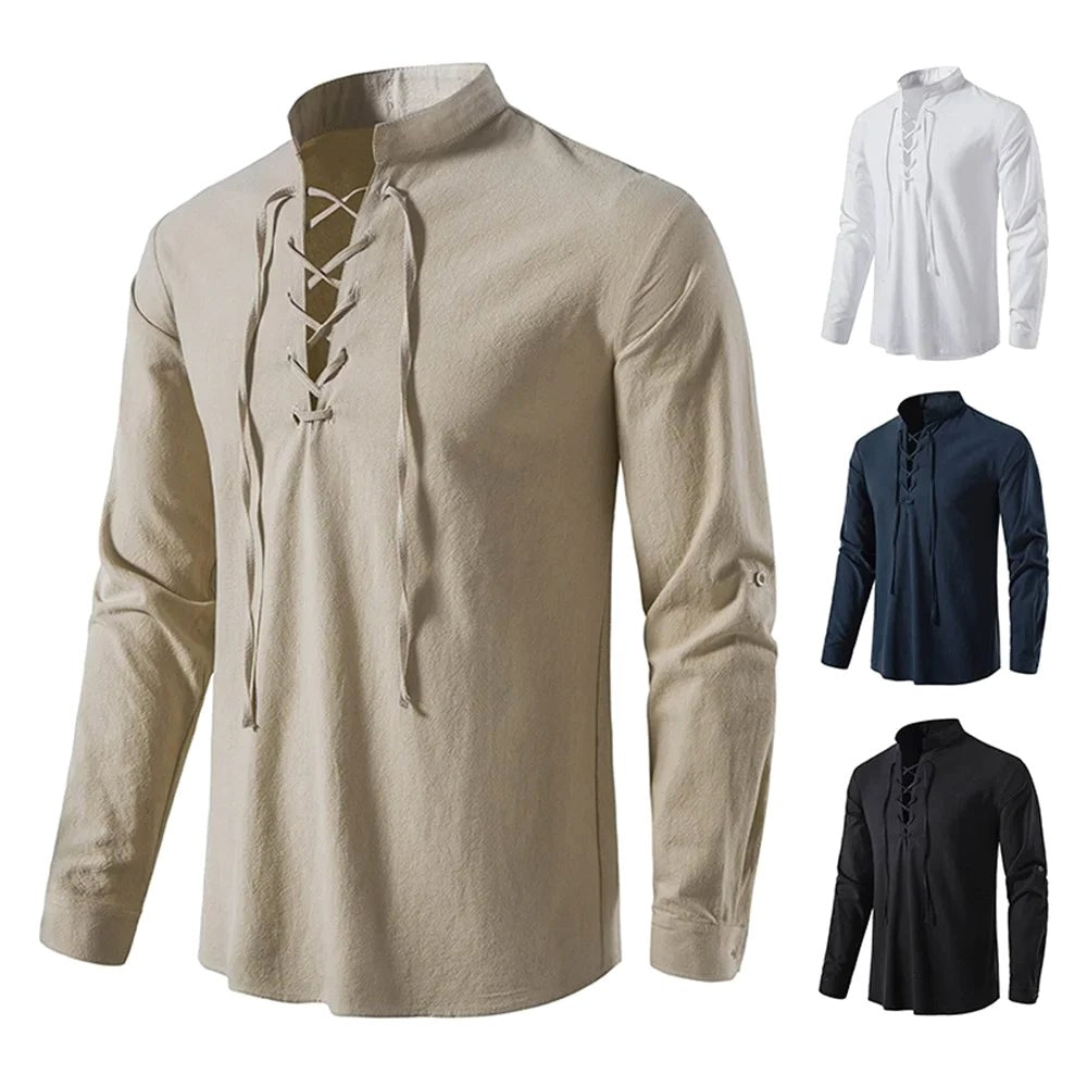 Conrad | Men's Linen Shirt with Neck-Tie Detail, Boho Linen Shirt | Everlasting Boutique