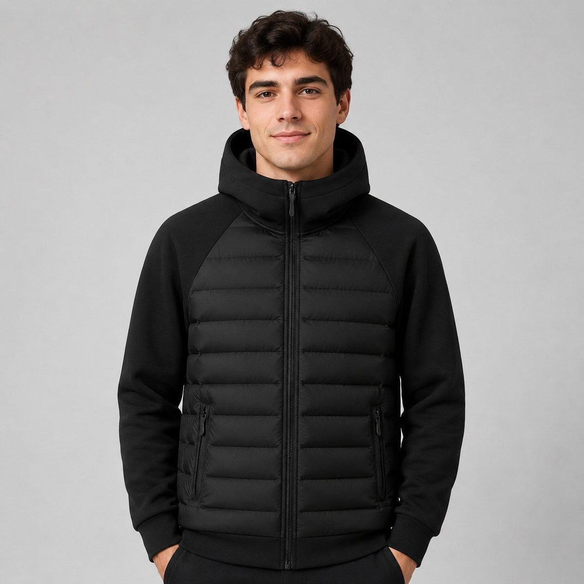Kyle | Men's Hooded Down Jacket with Quilted Panels, Insulated Autumn Coat | Everlasting Boutique | Black