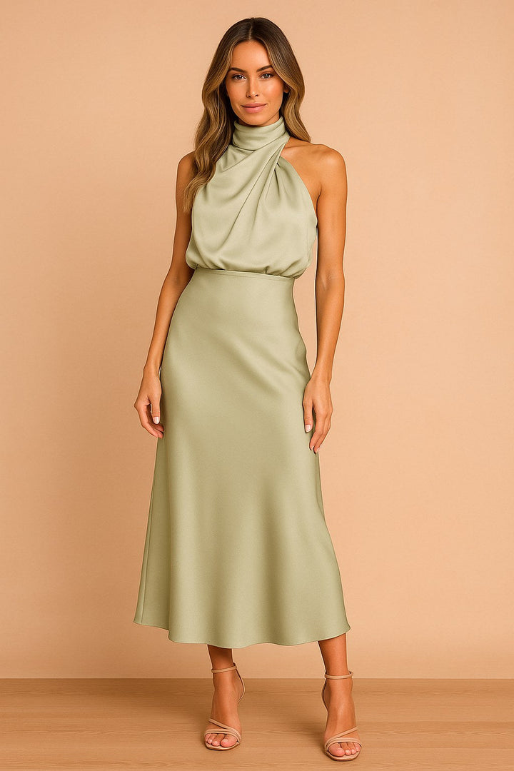 Lena | Women's Draped-Neckline Midi Dress, Elegant Occasion Dress | Everlasting Boutique
