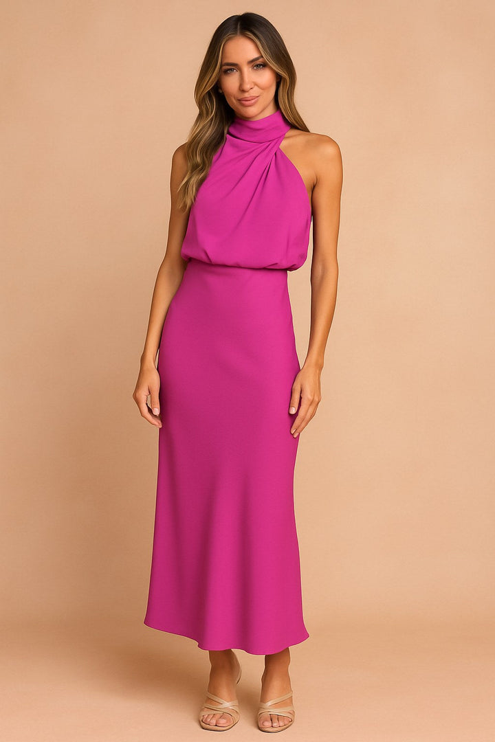 Lena | Women's Draped-Neckline Midi Dress, Elegant Occasion Dress | Everlasting Boutique