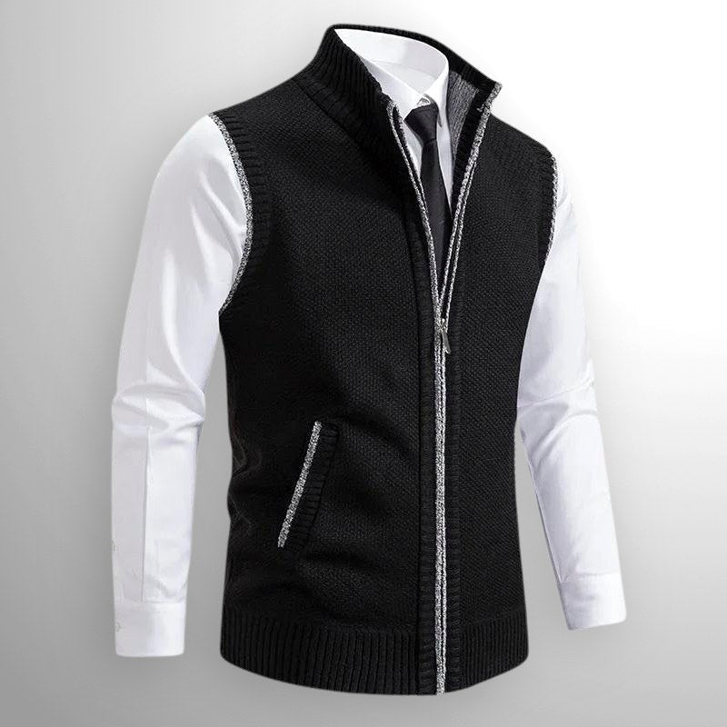 Leon | Men's Knit Waistcoat with Zip and Stand Collar, Structured Men's Waistcoat | Everlasting Boutique | Black