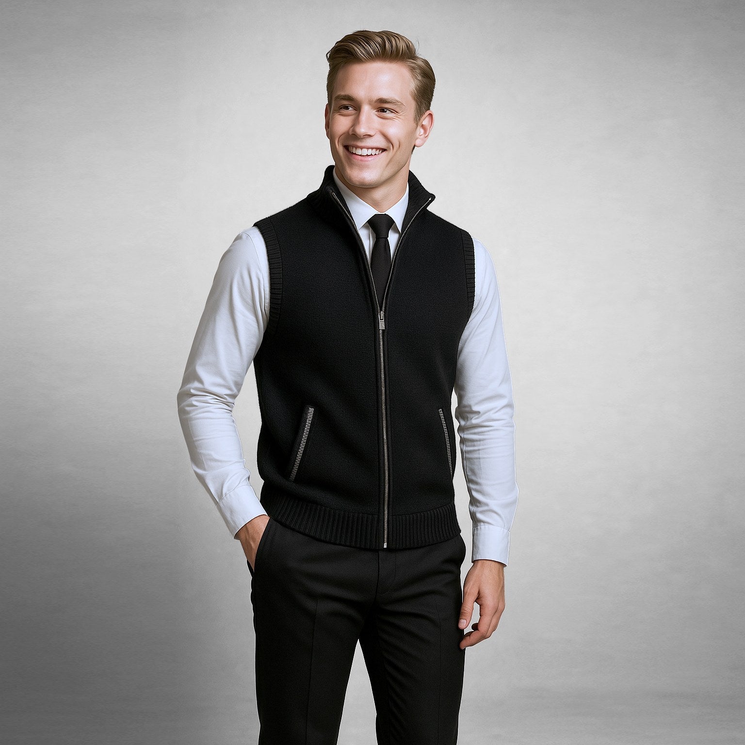 Leon | Men's Knit Waistcoat with Zip and Stand Collar, Structured Men's Waistcoat | Everlasting Boutique | Black