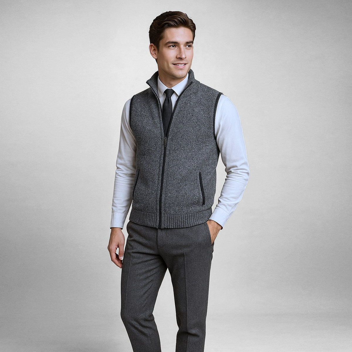 Leon | Men's Knit Waistcoat with Zip and Stand Collar, Structured Men's Waistcoat | Everlasting Boutique | Black