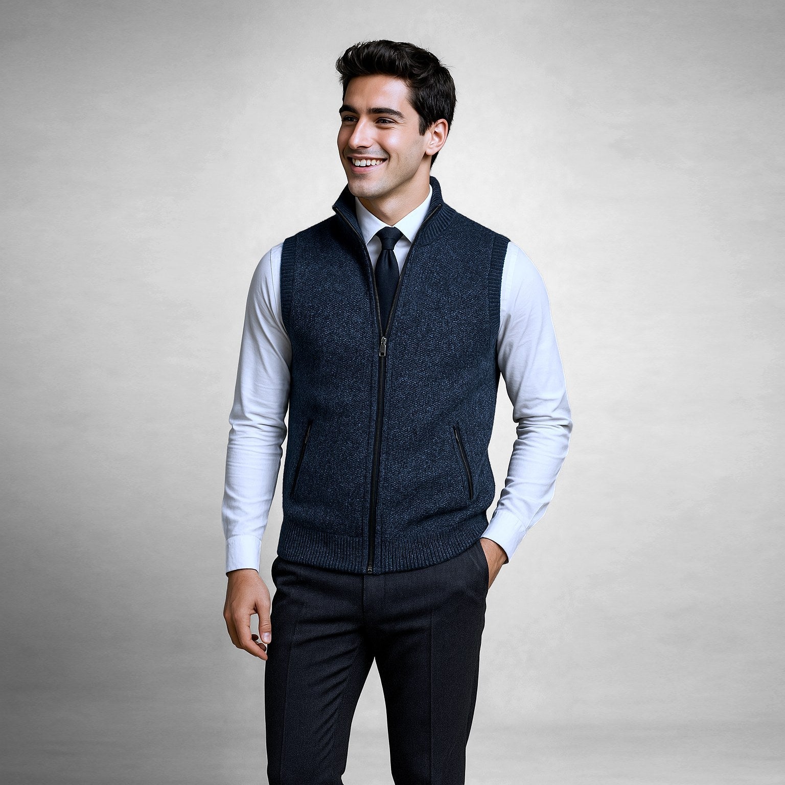 Leon | Men's Knit Waistcoat with Zip and Stand Collar, Structured Men's Waistcoat | Everlasting Boutique | Black