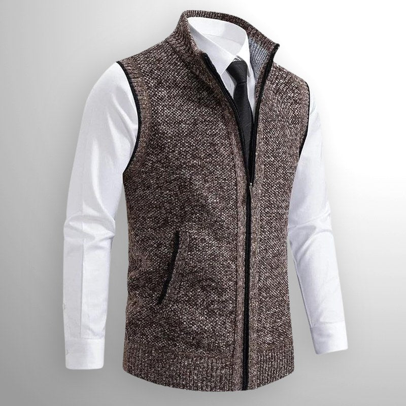 Leon | Men's Knit Waistcoat with Zip and Stand Collar, Structured Men's Waistcoat | Everlasting Boutique | Black