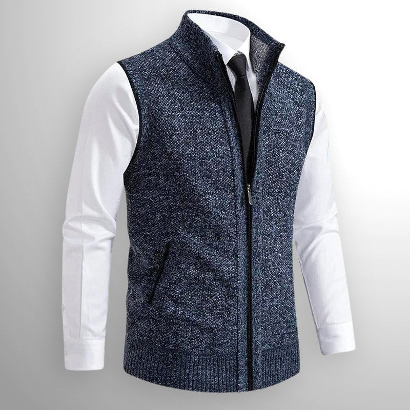 Leon | Men's Knit Waistcoat with Zip and Stand Collar, Structured Men's Waistcoat | Everlasting Boutique | Black