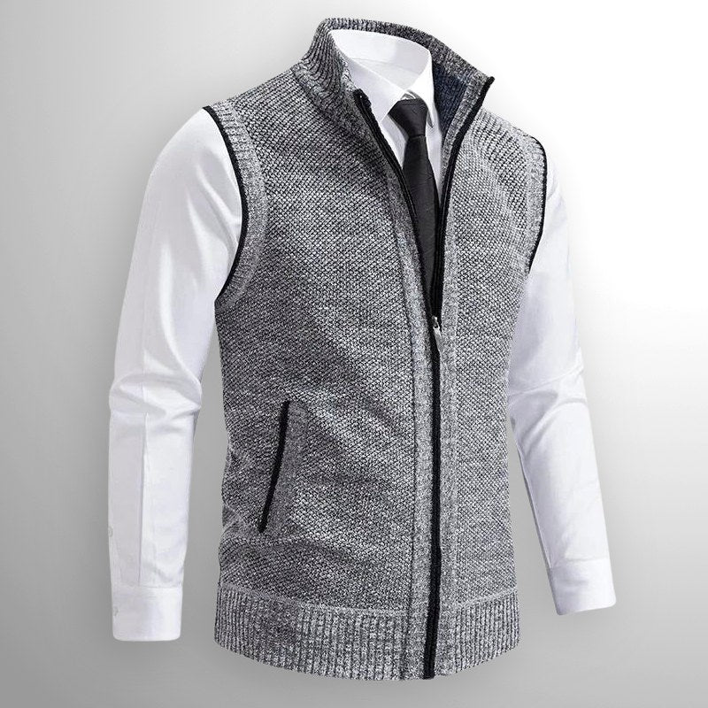Leon | Men's Knit Waistcoat with Zip and Stand Collar, Structured Men's Waistcoat | Everlasting Boutique | Brown