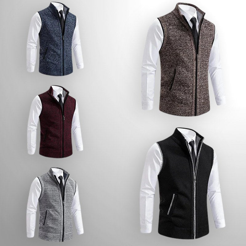 Leon | Men's Knit Waistcoat with Zip and Stand Collar, Structured Men's Waistcoat | Everlasting Boutique | Brown