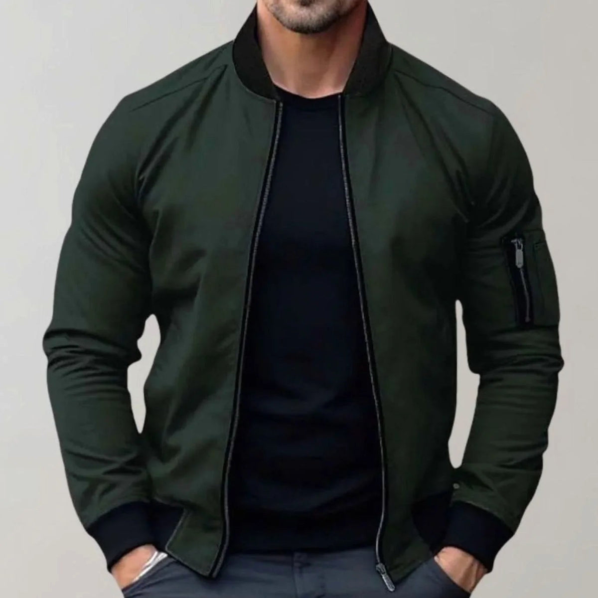 Liam | Men's Slim-Fit Bomber Jacket, Ribbed Collar Jacket | Animated Apparel | Green