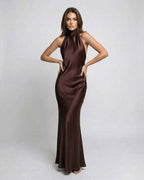 Lily | Women's Brown Halter Maxi Dress, Open-Back Evening Dress | Everlasting Boutique