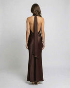Lily | Women's Brown Halter Maxi Dress, Open-Back Evening Dress | Everlasting Boutique