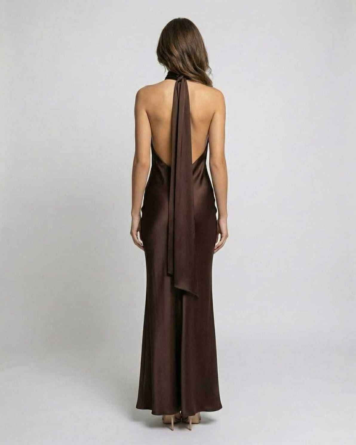 Lily | Women's Brown Halter Maxi Dress, Open-Back Evening Dress | Everlasting Boutique