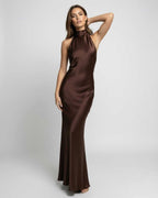 Lily | Women's Brown Halter Maxi Dress, Open-Back Evening Dress | Everlasting Boutique