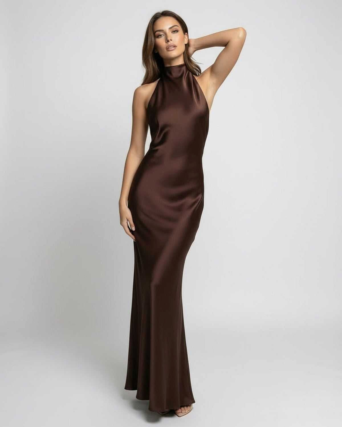 Lily | Women's Brown Halter Maxi Dress, Open-Back Evening Dress | Everlasting Boutique