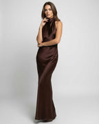 Lily | Women's Brown Halter Maxi Dress, Open-Back Evening Dress | Everlasting Boutique