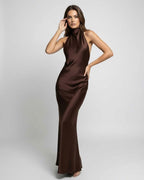 Lily | Women's Brown Halter Maxi Dress, Open-Back Evening Dress | Everlasting Boutique