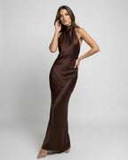 Lily | Women's Brown Halter Maxi Dress, Open-Back Evening Dress | Everlasting Boutique