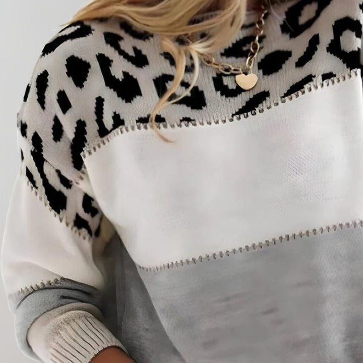 Linda | Women's Soft Knit Jumper with Colour-Block and Leopard Print, Patterned Knit Jumper | Everlasting Boutique