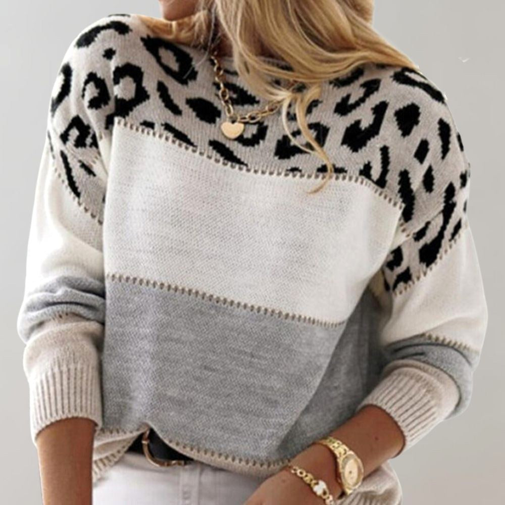 Linda | Women's Soft Knit Jumper with Colour-Block and Leopard Print, Patterned Knit Jumper | Everlasting Boutique