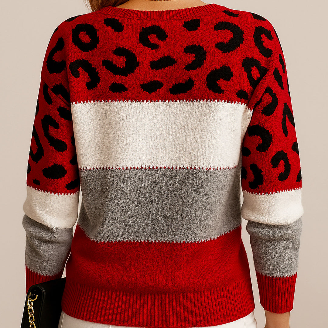 Linda | Women's Soft Knit Jumper with Colour-Block and Leopard Print, Patterned Knit Jumper | Everlasting Boutique