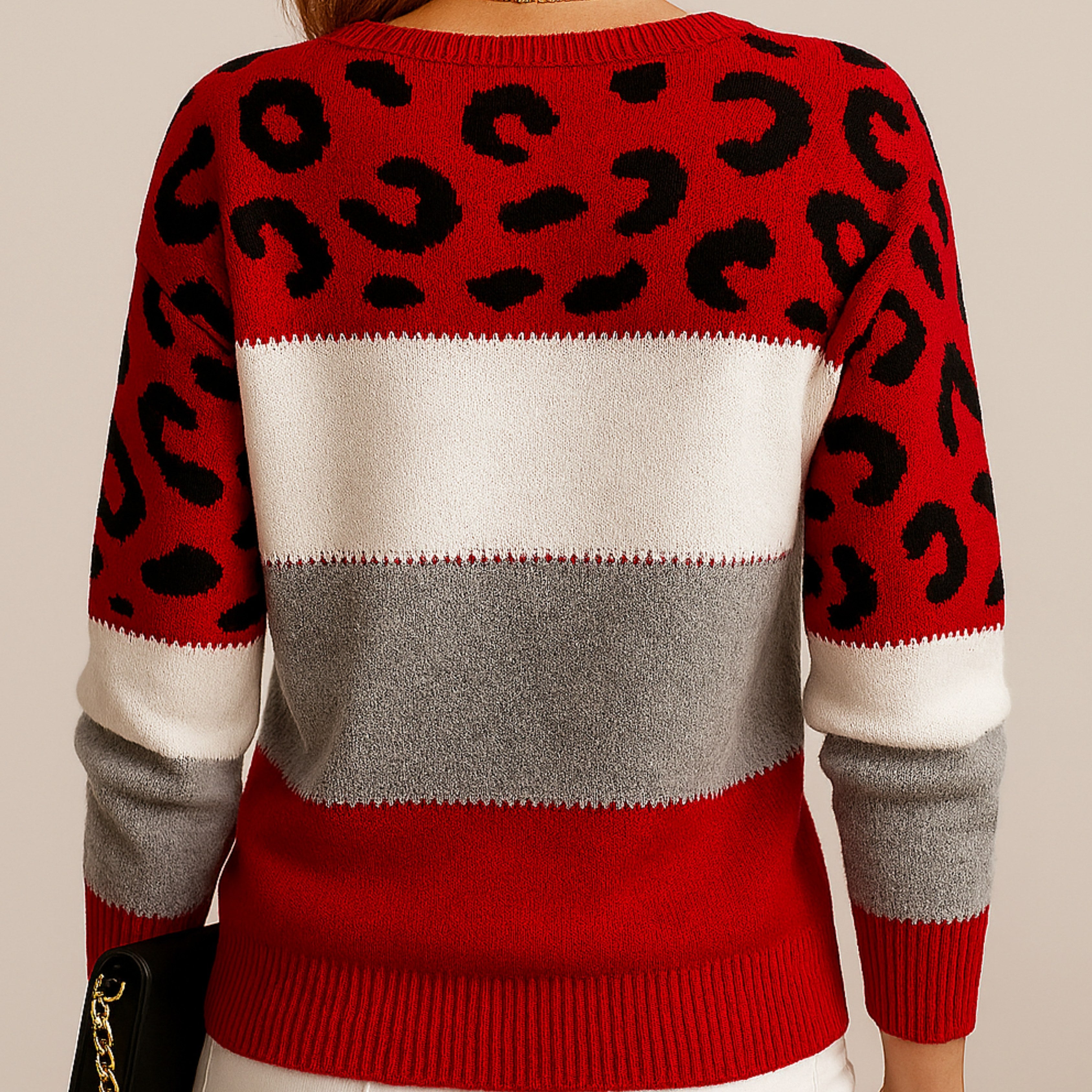 Linda | Women's Soft Knit Jumper with Colour-Block and Leopard Print, Patterned Knit Jumper | Everlasting Boutique