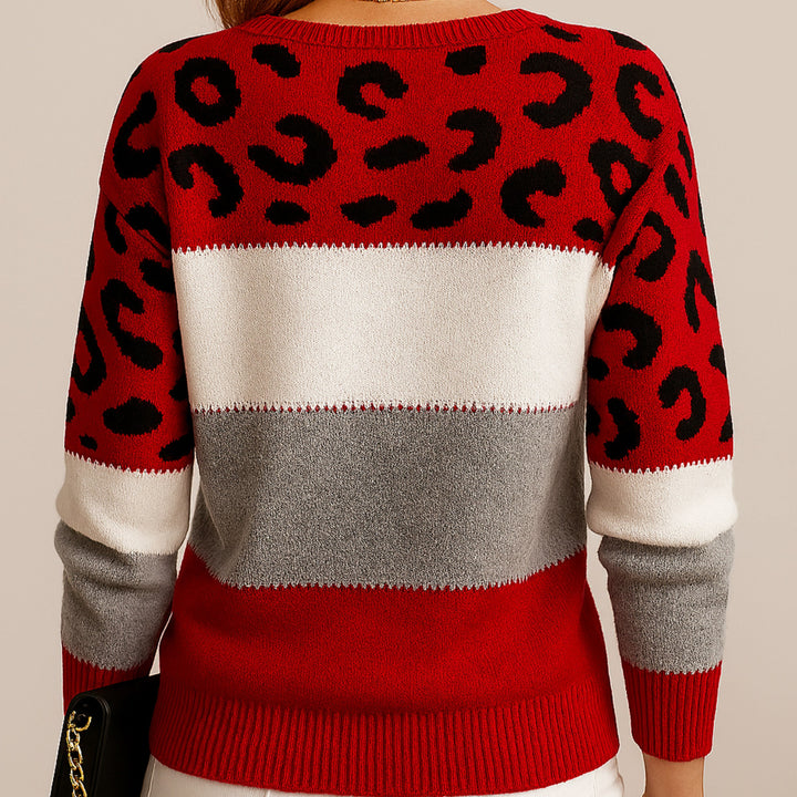 Linda | Women's Soft Knit Jumper with Colour-Block and Leopard Print, Patterned Knit Jumper | Everlasting Boutique