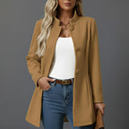 Lorraine | Women's Button Front A-Line Coat, Stand Collar Autumn Coat | Everlasting Boutique | Camel