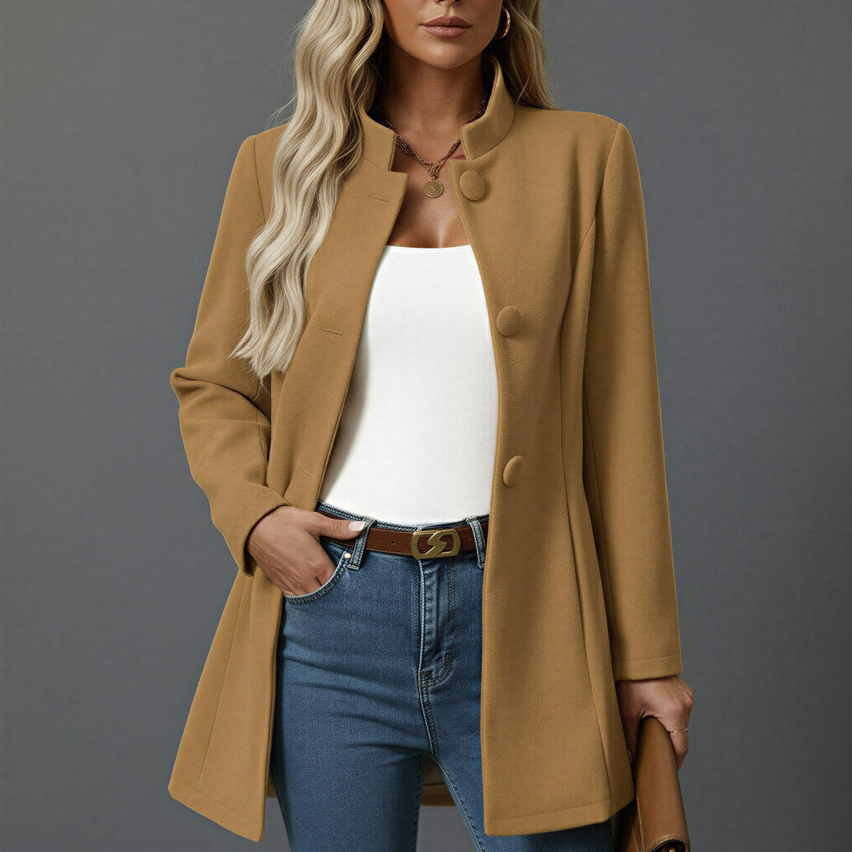 Lorraine | Women's Button Front A-Line Coat, Stand Collar Autumn Coat | Everlasting Boutique | Camel