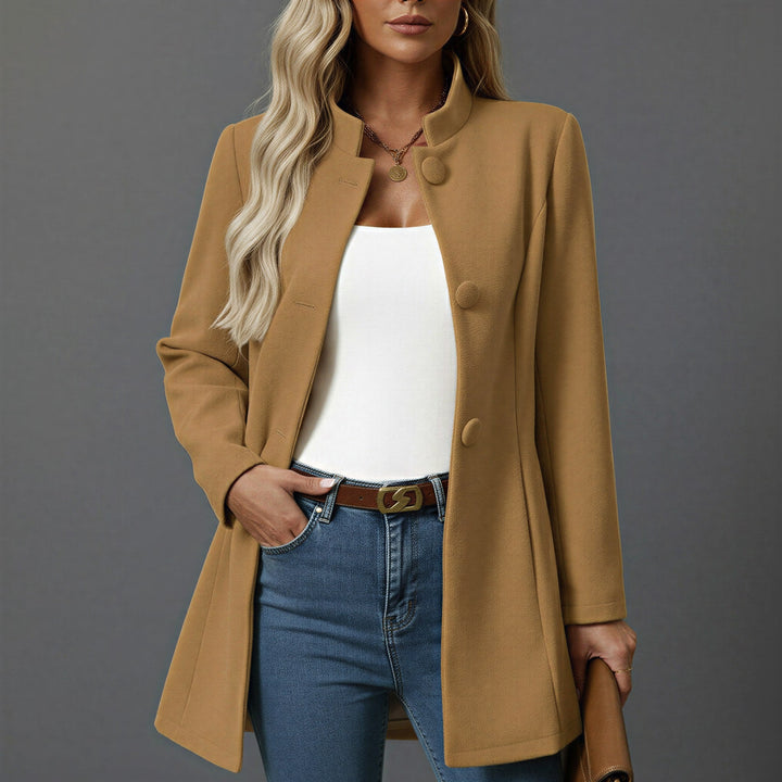 Lorraine | Women's Button Front A-Line Coat, Stand Collar Autumn Coat | Everlasting Boutique | Camel