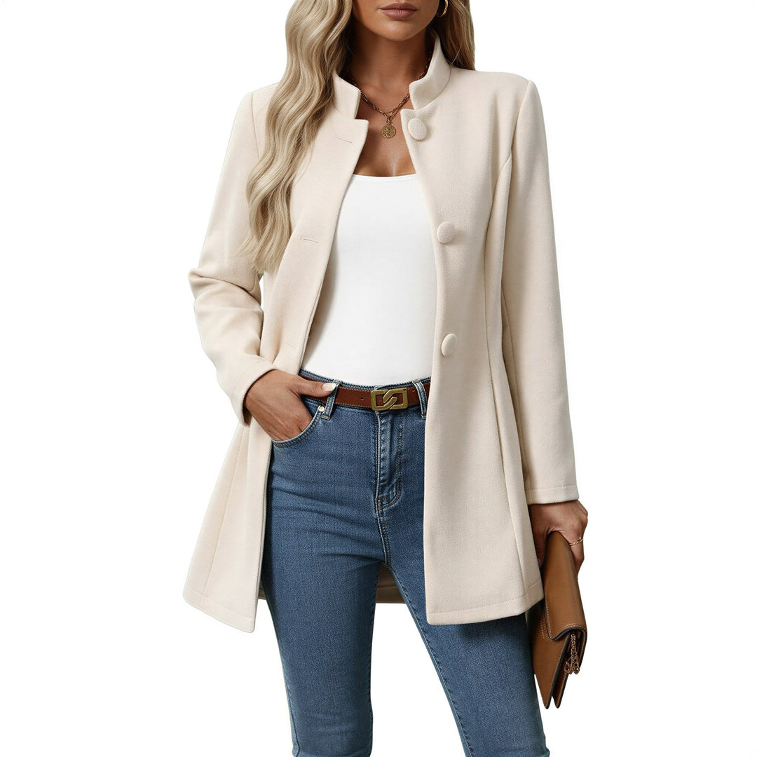 Lorraine | Women's Button Front A-Line Coat, Stand Collar Autumn Coat | Everlasting Boutique | Cream