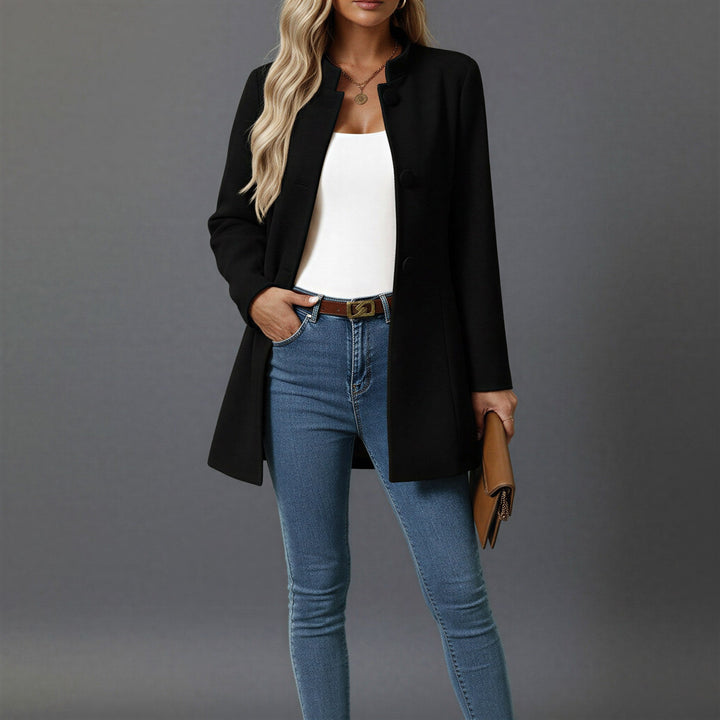 Lorraine | Women's Button Front A-Line Coat, Stand Collar Autumn Coat | Everlasting Boutique | Gray