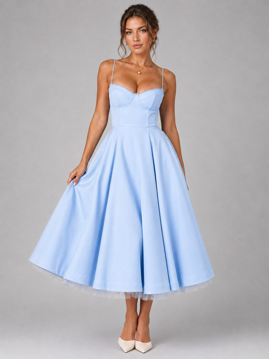 Lucy | Women's Corset Midi Dress with Full Skirt, Sweetheart Neckline Occasion Dress | Everlasting Boutique | White