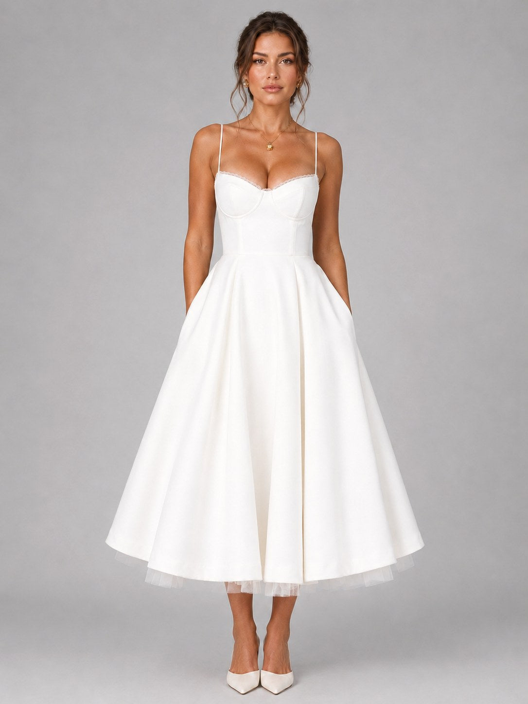 Lucy | Women's Corset Midi Dress with Full Skirt, Sweetheart Neckline Occasion Dress | Everlasting Boutique
