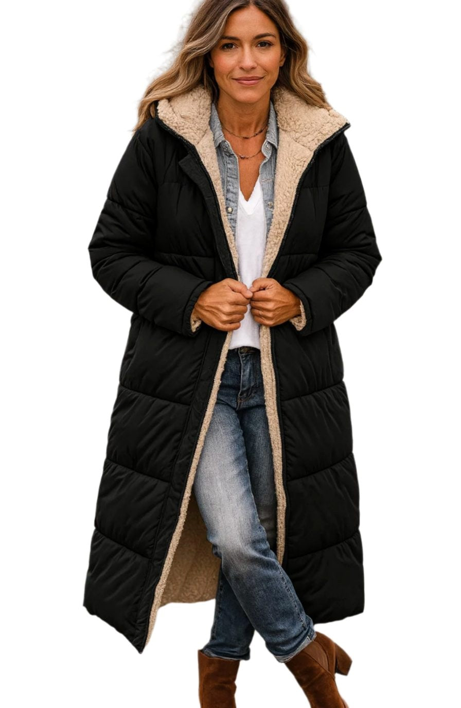 Luisa | Women's Long Hooded Padded Coat, Sherpa-Lined Winter Coat | Everlasting Boutique | Black