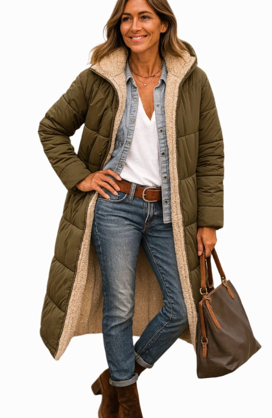 Luisa | Women's Long Hooded Padded Coat, Sherpa-Lined Winter Coat | Everlasting Boutique | Black